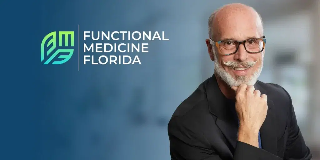 Functional Medicine Florida logo beside a portrait of Fred Harvey, MD, hand on chin