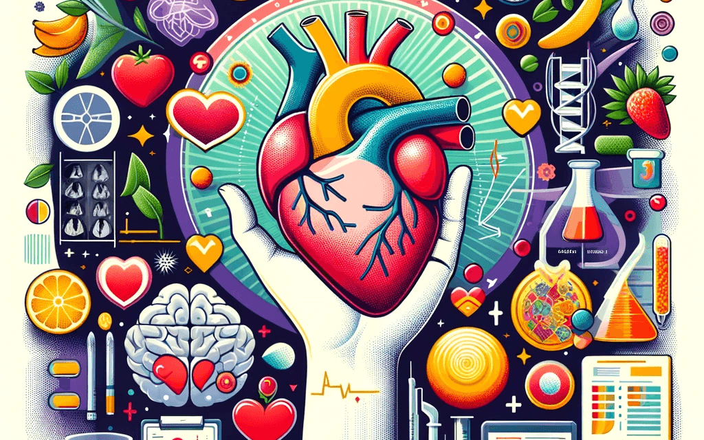Illustration of a hand holding an anatomical heart, surrounded by fruit, lab flasks and charts